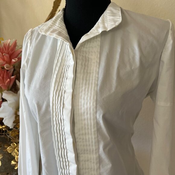 George Stretch Minimalist Pointed Collar Pleated Front Hidden Button Career Top - Picture 2 of 9